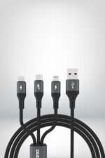 Dudao L3E 3'ü 1 arada 60W MicroUSB USB-C Lightning Kablosu 1,2 m - Siyah