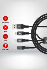Dudao L3E 3'ü 1 arada 60W MicroUSB USB-C Lightning Kablosu 1,2 m - Siyah - Görsel 2